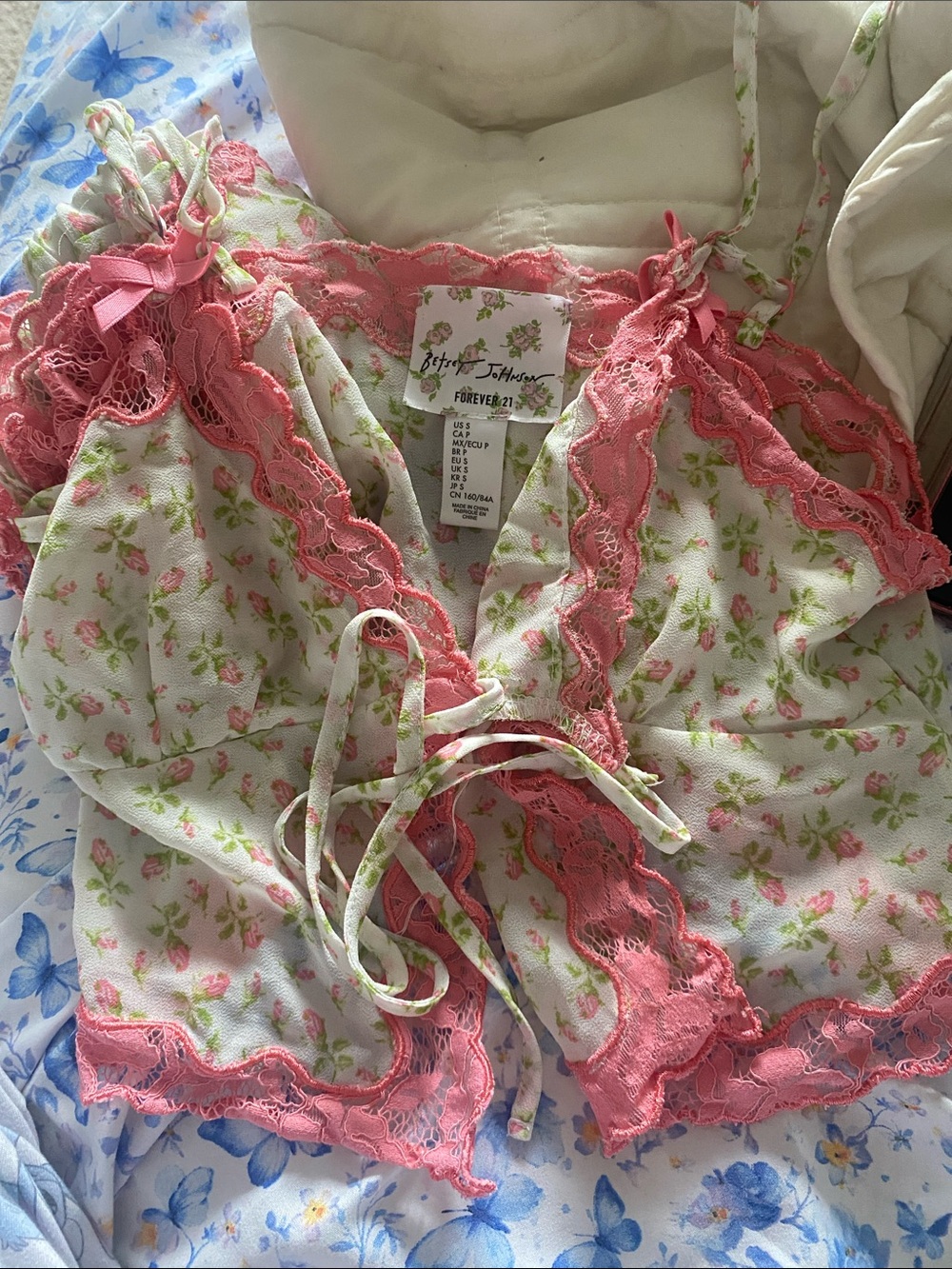Betsey Johnson Cream Floral Lace-Trim Sleep Shorts in Pink & Green - Picture 3 of 4